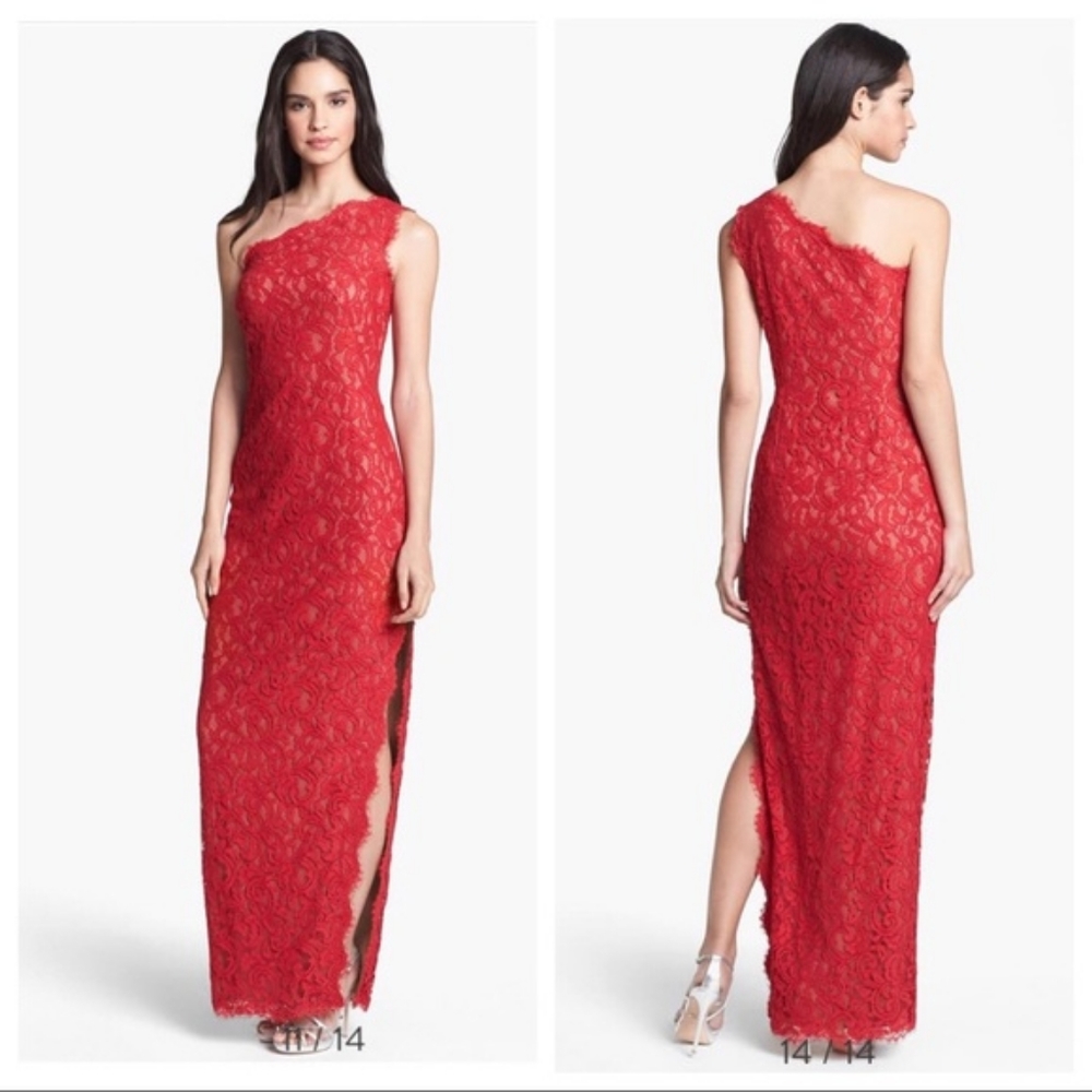 Tadashi Shoji Red Lace Asymmetric Maxi Dress